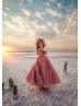 High Neck Light Pink Ruffled Tulle Flower Girl Dress